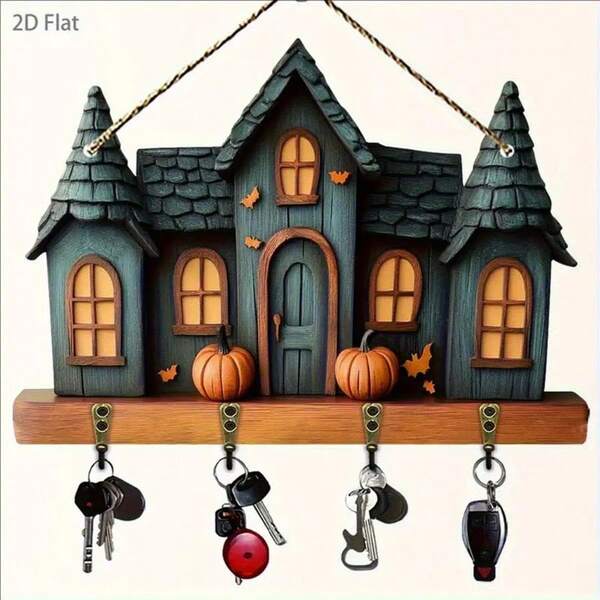 2D Flat, 2D Flat Pumpkin And Witch House Wooden Keychain With 4 Metal Hooks - Seasonal Halloween Wall Decor For Home, Porch & Room Decoration, Themed Holiday Ornament | Durable Wood DIY Practical Key Holder, Size 29.97x22.86cm, 2D Flat