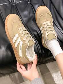 Women's White Sneakers, Platform Casual Shoes, Thick Sole Non-Slip Leather Upper Student Shoes - Khaki - View 2