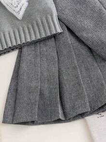 3 件套 Tween 女童蝴蝶结贴花纹理毛衣背心、长袖衬衫和百褶裙套装，秋季 - 灰色 - 查看 7