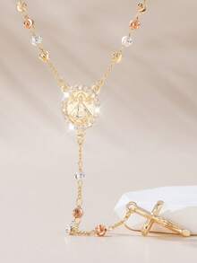 1pc Elegant Luxury Cross & Virgin Mary Pendant Necklace, Three-Tone Slice Beaded Y-Shape Fashion Sweater Chain, Suitable For Women, Party And Valentine's Day Gift - Gold - View 1