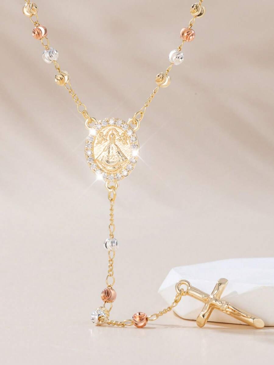 1pc Elegant Luxury Cross & Virgin Mary Pendant Necklace, Three-Tone Slice Beaded Y-Shape Fashion Sweater Chain, Suitable For Women, Party And Valentine's Day Gift - Gold - View 1
