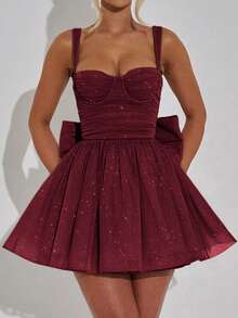 Unadoll Women's Camisole Pleated Bow Design With Sparkling Fabric Zipper Short Dress, Suitable For Dress For Wedding,Christmas , Party, Cocktail Party Dresses