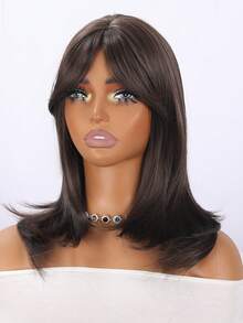 SMILCO 18 Inch Brown A-Line Bangs Medium Length Wig For Women Realistic Matte Hair Slightly Curled Fluffy Style Commuter Date - màu nâu - Xem 9
