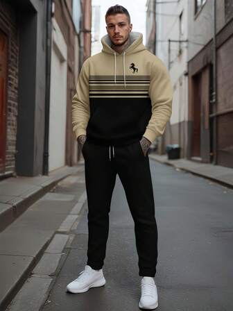 Men's Business Casual Drawstring Hooded Sweatshirt And Pants Set , Fall Clothes