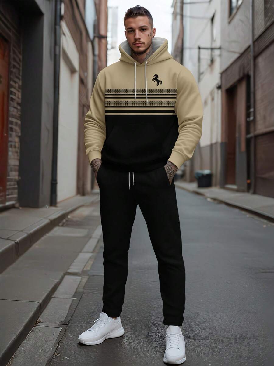 男士商务休闲抽绳连帽运动衫和裤子套装，秋季服装 - 彩色 - 查看 1