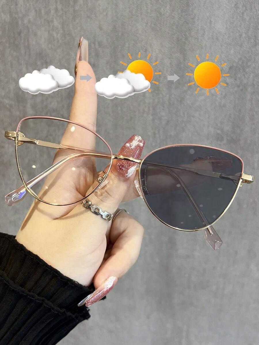 1pc New Metal Color Changing Glasses, 2-In-1 Cat Eye Fashion Decorative High Quality Spring Leg Glasses, Outdoor Eyeglasses & Indoor Clear Glasses - Gold Dot Powder - View 1