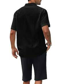 Mens Short Sleeve Cuban Camp Guayabera Shirt Linen Cotton Hippie Beach Button Down Shirts Plus Size - 黑色 - 查看 4