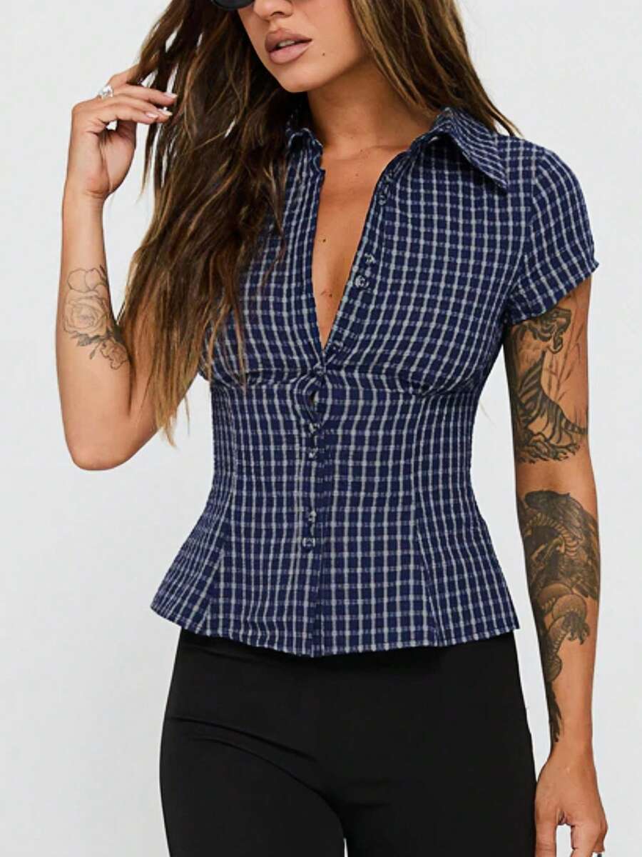 Women's Y2K Plaid Shirt Button-Up Short Sleeve Collared Slim Fit Casual Summer Blouse Tops - 藏蓝色 - 查看 1