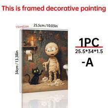 1PC Halloween Cat And Mummy Print, Funny Bathroom Decoration, Scary Halloween Decoration, Cat Lover Halloween Gift, Cat Litter Box Humor, Canvas Wall Art, Posters For Room, Home Decoration, Room Decoration Aesthetic, Room Decoration Stuff. Optional Frame