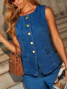Women's Tailored Sleeveless Denim Top – Solid Color, Elegant Casual Fitted Vest, Versatile For Office & Everyday Wear, Perfect For Fall - Medium Wash - View 5