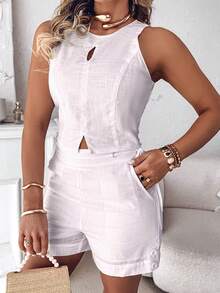 2 Pieces Summer Outfit Halter Sleeveless Hollow-Out Crop Tank And Casual Drastring Shorts Set
