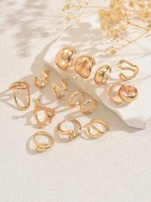 14pcs Irregular Hollow Round Smooth Gold Stackable Rings Set, Versatile Accessory Suitable For Any Occasion, High-End Matching Earrings, Perfect Romantic Gift For Women