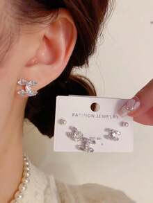 3对/套 优雅奢华925纯银仿珍珠字母CC耳钉，时尚女神个性化珠宝，适合日常佩戴，浪漫礼物 - 銀色 - 查看 3