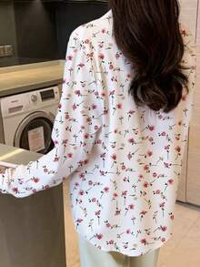 Plus Size Women Floral Print Loose Turndown Collar Button Down Long Sleeve Shirt, Elegant Casual Suitable For Office And Daily Wear, Spring/Autumn - White - View 5