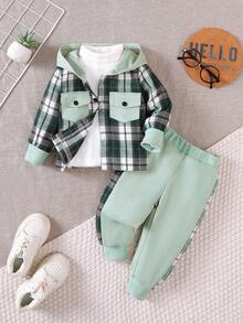 BrownBark 2pcs/Set Boys Casual Outdoor Outfit, Plaid Pocket Hooded Long Sleeve Shirt + Casual Long Pants, Autumn/Winter Children Clothes