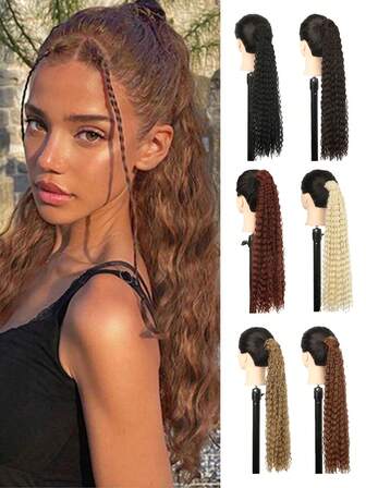 22inch Ponytail Hair Extensions Synthetic Hair Extension With Elastic Band Soft Waves Black Brown Light Brown Multicolor Wavy Ponytail Natural Look Easy To Wear For Instant Length & Volume Suitable For Women Daily Life And Festival Party Wear Music Festival