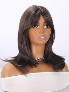 SMILCO 18 Inch Brown A-Line Bangs Medium Length Wig For Women Realistic Matte Hair Slightly Curled Fluffy Style Commuter Date - màu nâu - Xem 8