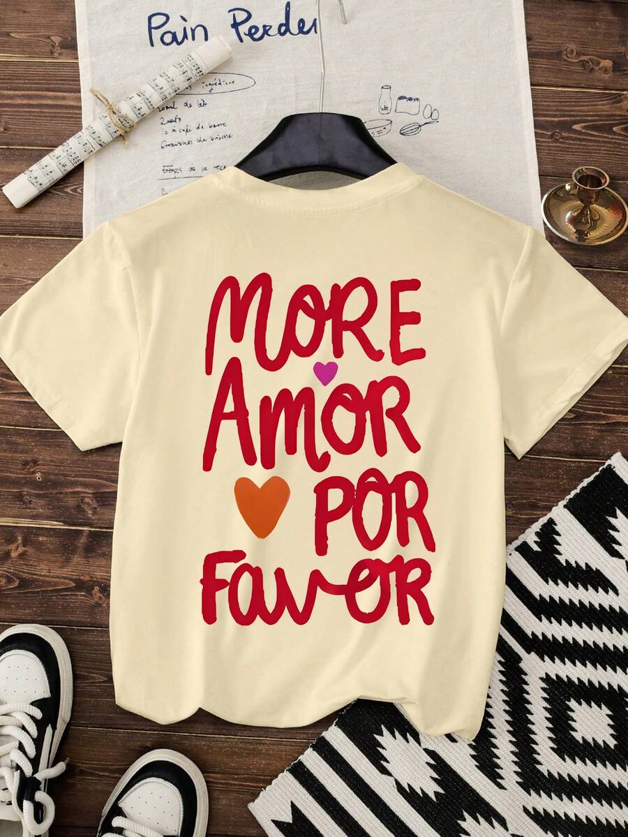 Women's Casual Everyday Heart Letter Graphic Print Round Neck Short Sleeve T-Shirt Women's Summer Top Graphic T-Shirt - Apricot - View 1