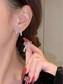 Bow Earrings For Women  Sparkly Rhinestone Chain Tassel Earrings Cute Ribbon Stud Earring Daily Party Jewerly Gifts Christmas Stocking Stuffers - B1: Silver Bow Earrings - View 8