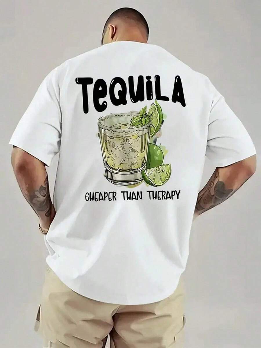 Tequila Men's Graphic T-Shirt - Vibrant Red "Cheaper Than Relax" Slogan & Cocktail Design, Lightweight Breathable Regular Fit Casual Summer Tee For Beach, BBQ, Parties, Tequila Lover Gifts, Bbq Party Apparel, Playful Design Shirthalloween Clothes,Vintage,Teacher Shirts,Cotton Graphic Tees,Streetwear Men,Y2k Clothes - White - View 1