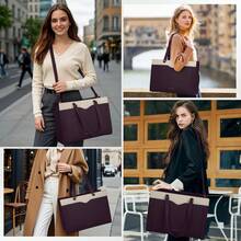 NEWHEY Women's Laptop Tote With Detachable Strap & Bow: 15.6 Inch Leather Work Bag Featuring Cup Holder, Professional Office Briefcase & Large Business Handbag - Màu tím và trắng - Xem 7