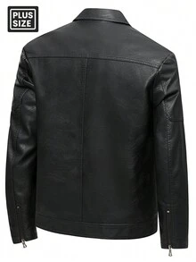 加大码男士长袖前拉链口袋夹克，皮夹克，秋冬装，保暖内衬厚夹克，男士皮革冬季大衣，大码和高码 - 黑色 - 查看 2