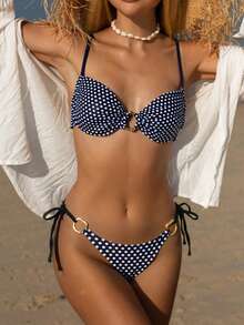 两件套：露背吊带比基尼上衣和系带三角比基尼泳裤，度假沙滩装 - 黑色 - 查看 3