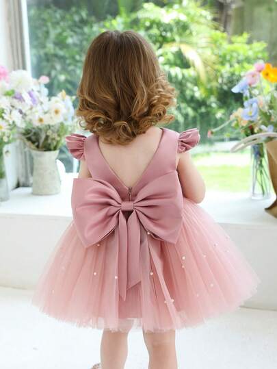 Baby Girl Cap Sleeve Bow Tulle Party Dress, Elegant Princess Dress For Girls, Suitable For 1st Birthday, Wedding, Banquet, Party