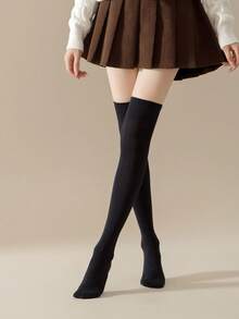 1双女士秋季过膝袜，高筒防滑修身纯色小腿袜，舒适袜子