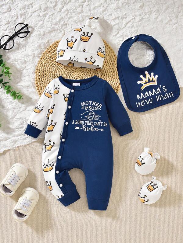 Set de 5 piezas de bodis de manga larga con estampado de letras azules y corona para niños pequeños