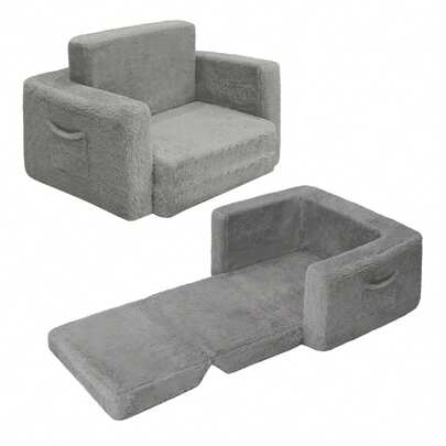 Kids Chairs For Toddler, 2-In-1 Toddler Soft Sherpa Couch Fold Out, Convertible Sofa To Lounger For Girls And Boys, Grey,Pink,Cream