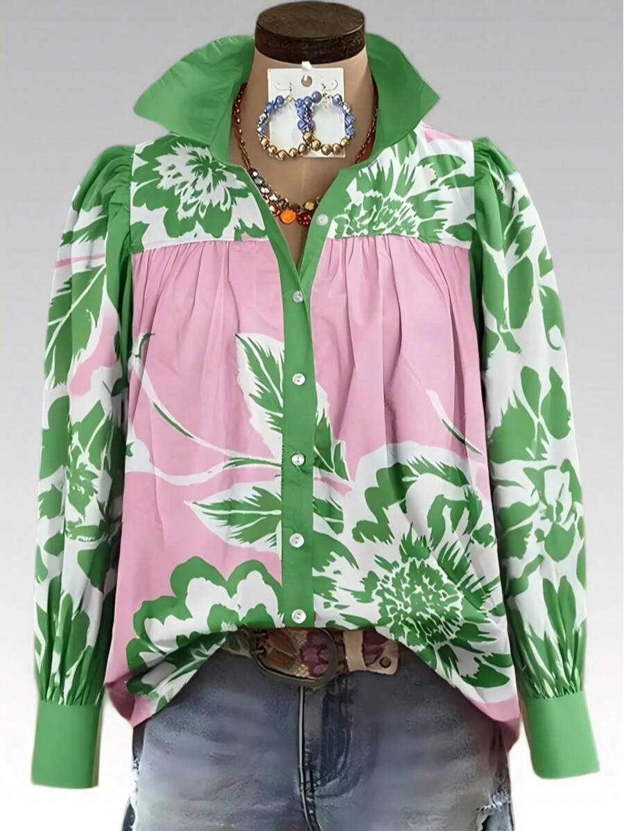 2025 Women's Vintage Floral Print Casual Long Sleeve Shirt - Pastel Green Geometric Pattern, Button Regular Fit Summer Top, Opaque Fabric - 彩色 - 查看 1