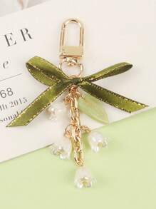 1pc Green Ribbon Lanyard, Car Key Chain Pendant, Creative Lily Flower Pearl Chain Pendant, Earphone Case Bag Decor