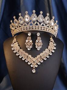 Set de 4 piezas de corona nupcial, collar y pendientes de aleación de zinc con tiara y strass, set de joyas de boda elegante para novias