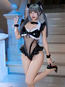 Enamel Sexy Women's One-Piece Dress, Mesh Seam One-Piece Dress, Cosplay Cat Women's Bra One-Piece Dress, Stylish And Cute Style One-Piece Dress, Suitable For Weight 40kg-60kg (Not Including Headband, Handcuffs And Collar) - 黑色連身衣+透明肩帶*2 - 查看 3