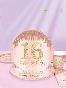 10pcs 16th Birthday Decorations For Princess Rose Gold Sweet 16 Birthday Party Supplies For Her 16th Happy Birthday Plates And Napkins Cups Tableware For Daughter Sweet 16th Birthday Party Favor - Multicolor - View 6