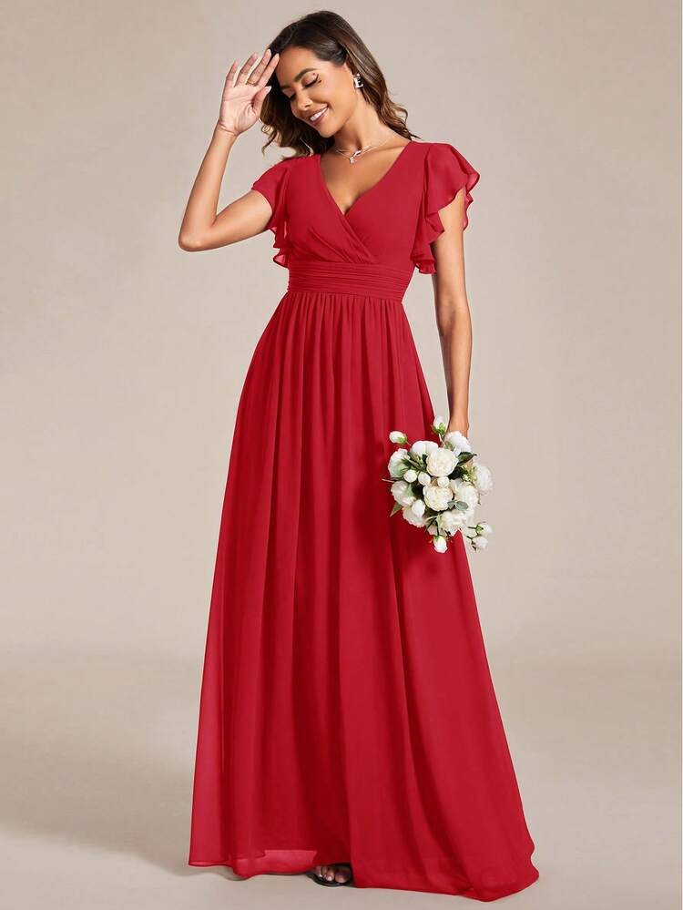 Autumn V-Neck Ruched Backless Asymmetric Ruffle Hem Chiffon Red Bridesmaid Dress, Spring/Summer Ladies Formal Dress, Mother Of The Bride Dress, Wedding Red Dress - Red - View 3
