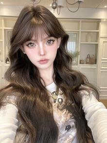 28" Cool Tone Brown Retro Egg Roll Curls Wig With Bangs- Voluminous Long Barrel Waves Synthetic Hair For Party Cosplay Daily Wear& All Skin Tones. - Brown - View 3