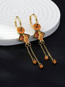 1 Pair New Chinese Style Geometric Circle & Square Long Tassel Earrings, Versatile Luxury Party Gift Earrings For Women - Orange - View 4