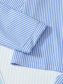 2pcs Women Blue & White Striped Print Pajama Set, Long Sleeve Button Collar Top And Pants, Casual Sleepwear Homewear Suit For Autumn/Winter, Fall Clothes