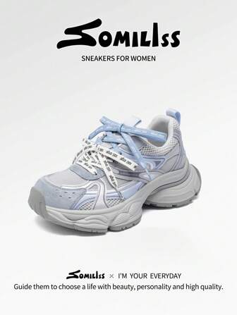 somiliss 5.5厘米厚底系带厚底女运动鞋，透气网眼和PU皮革，防滑厚底，舒适跑鞋，时尚休闲户外步行鞋，轻便柔软，蓝色