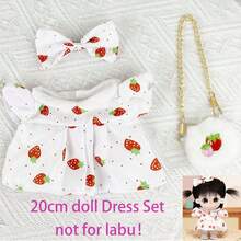 LALAFANFAN 20 公分娃娃連身裙套裝附 3 件配件 - 包括 1 個蝴蝶髮夾 + 1 件連身裙 + 1 個皮夾 - 紅白色 - 查看 6