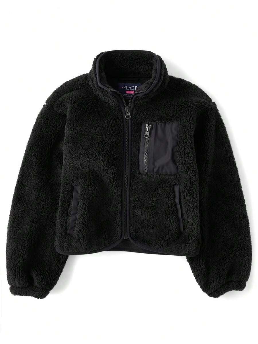 The Children's PLACE Kids Heavyweight Sherpa Zip Up Jacket - 黑色 - 查看 1