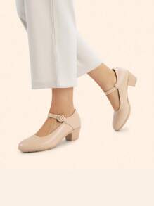 Women's Pumps Low Chunky Mary Jane Heels Closed Round Toe Solid Color Comfortable Dating Work Dress Shoes