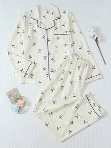 2pcs Women Polka Dot Bowknot Sleepwear Set, Long Sleeve Button Collar Top And Pants, Casual Loungewear For Home Use, Autumn/Winter, Fall Clothes