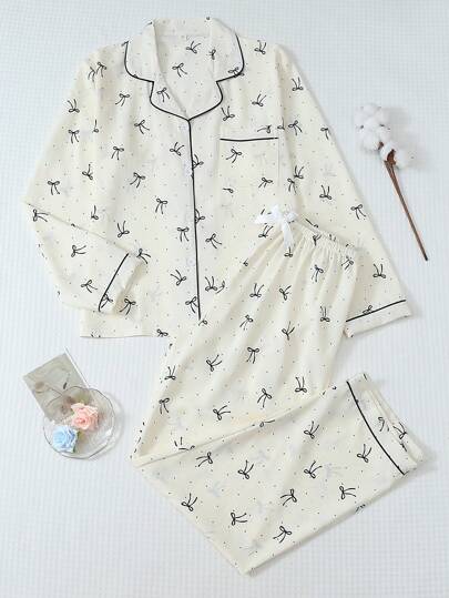 2pcs Women Polka Dot Bowknot Sleepwear Set, Long Sleeve Button Collar Top And Pants, Casual Loungewear For Home Use, Autumn/Winter, Fall Clothes