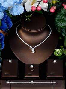 1 套简约立方氧化锆圆球装饰首饰套装，适合女性日常配饰 - 銀色 - 查看 3