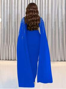 Elegant Sparkling Rhinestone Women's Extra Long Sleeve Long Dress Birthday Party Graduation Prom - Blue - View 2