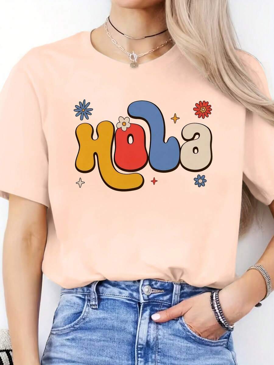 Camiseta de punto casual de primavera verano con estampado de letras españolas - Cuello redondo, fibra de poliéster, elasticidad media, 180g/² Tops para mujeres Ropa de invierno para mujeres Camisa casual de negocios para mujeres Blusas elegantes para mujeres - Rosa 1 - Ver 1
