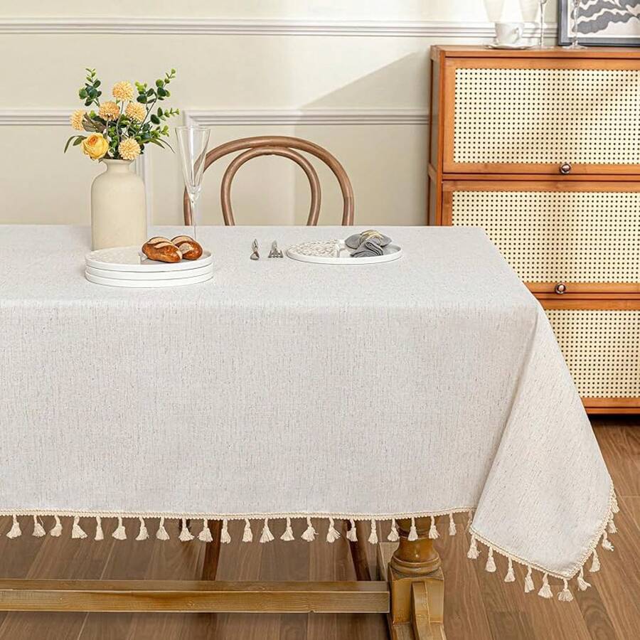 MYSKY HOME Faux Linen Table Cloth Nappe Table Rectangulaire 60x84 Inch, Boho Tablecloth Dustproof Table Cover Kitchen Party Holiday Wedding Banquet, Beige With Beige Tassels